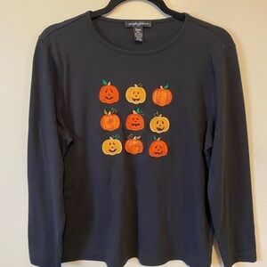 Vintage Longsleeve Embroidered Halloween Pumpkin Shirt Petite XL